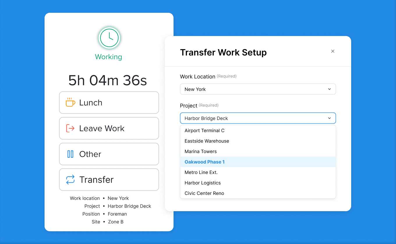 Worklio time clock with the Transfer Work Setup dialog, letting employees switch work location and project without leaving their shift
