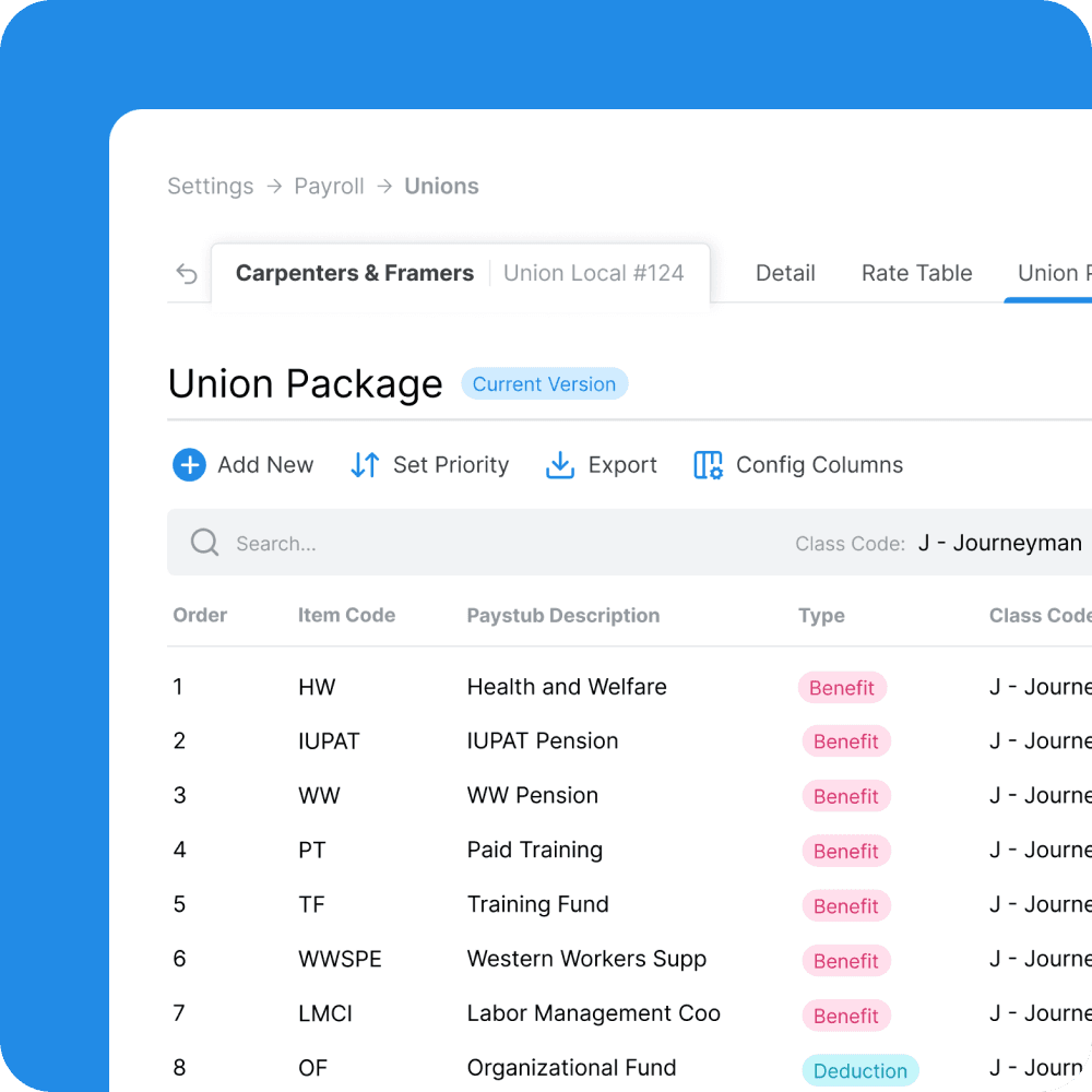 Union payroll and package management interface