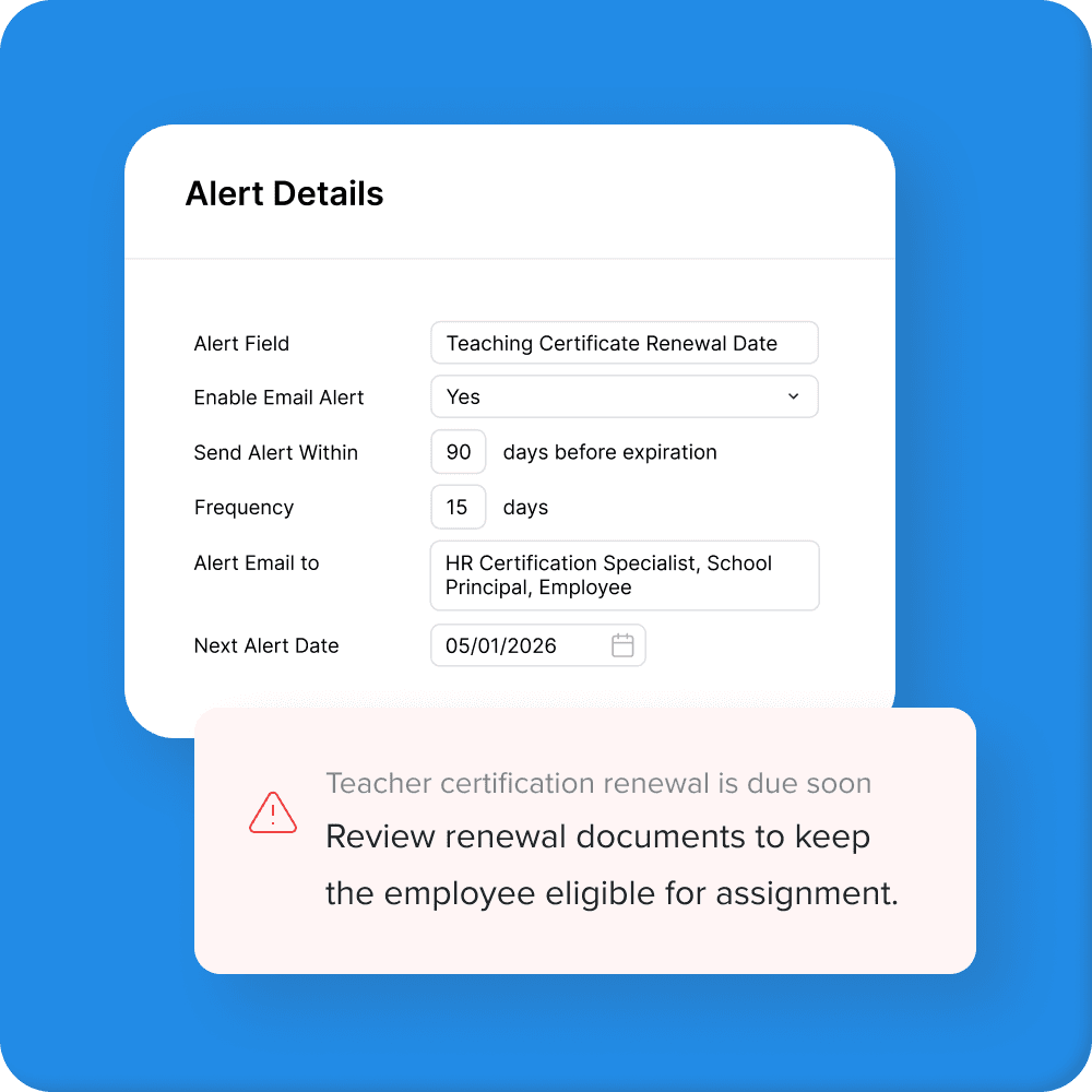 Teaching certificate renewal date alert for education employee credential tracking