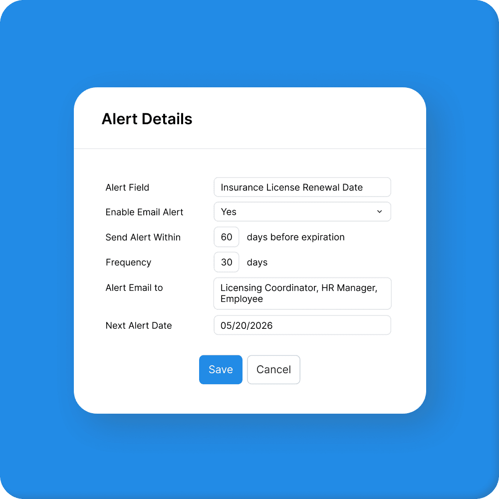 Alert details within HR event tracking for license and certification renewals
