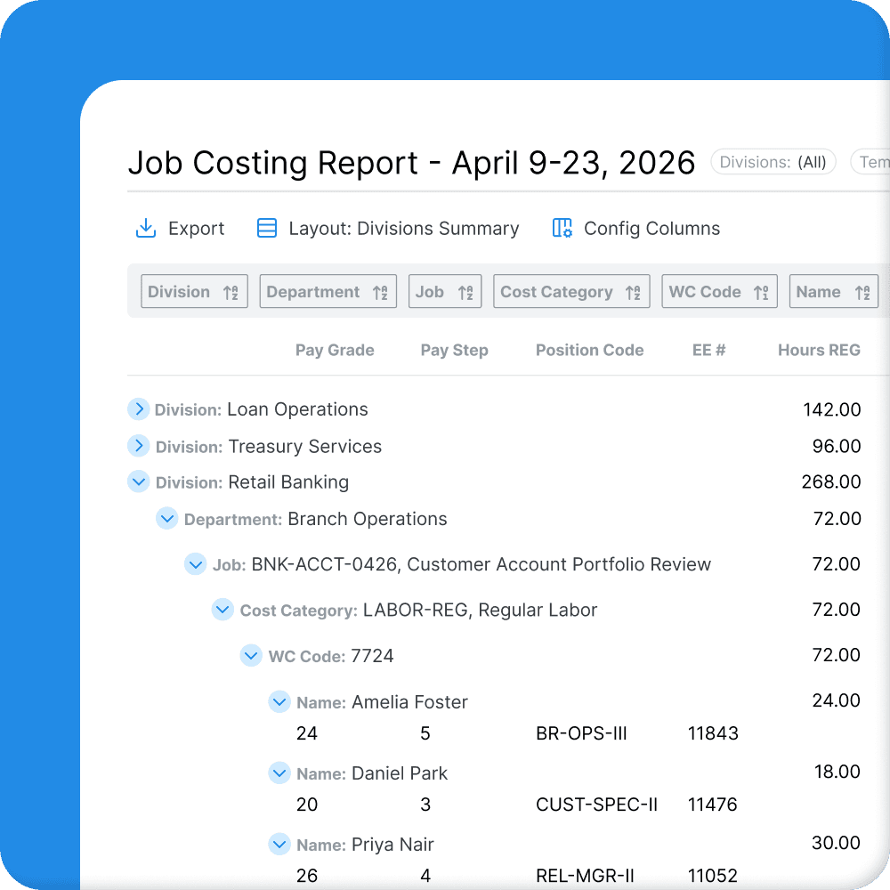 Multi-entity job-costing report for banking payroll and consolidated reporting