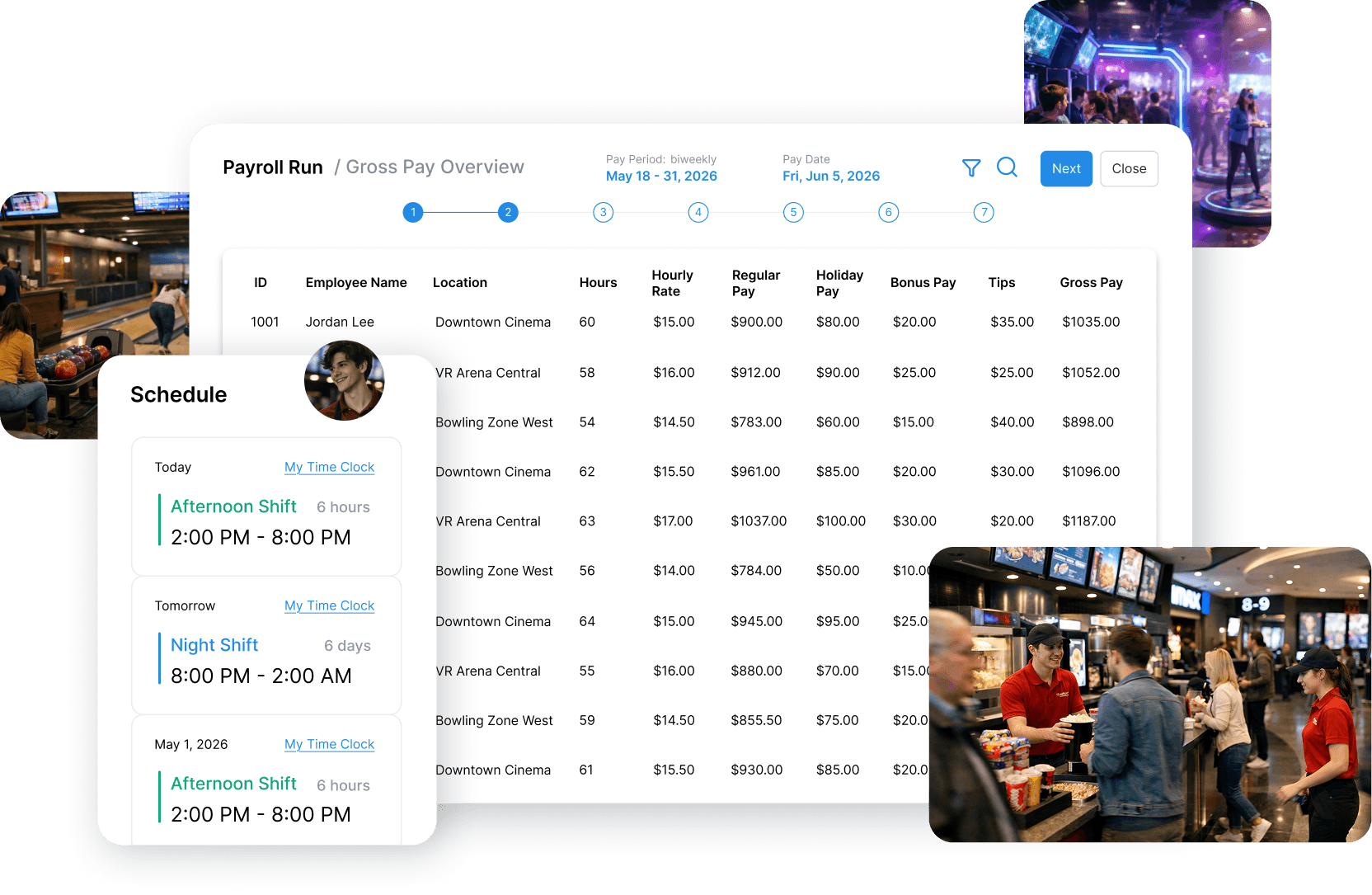 Worklio payroll and workforce management interface for gaming and entertainment teams
