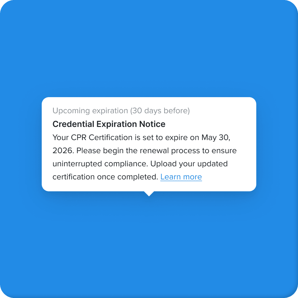 Credential, license, and certification tracking with expiration alerts