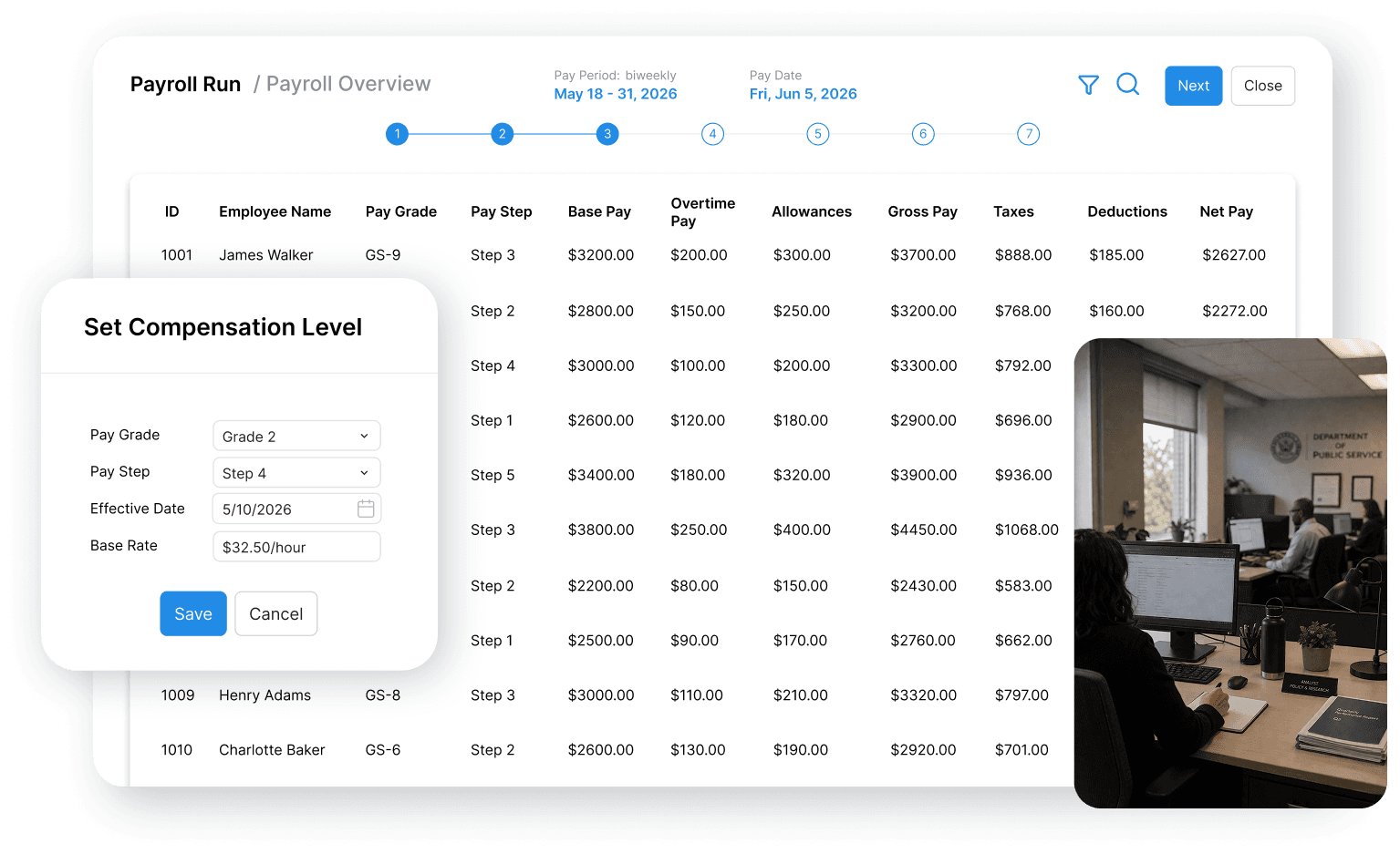 Worklio payroll and workforce management interface for public sector and government employers