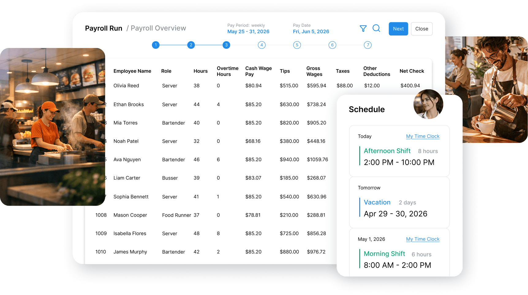 Worklio payroll and workforce management interface for restaurant teams