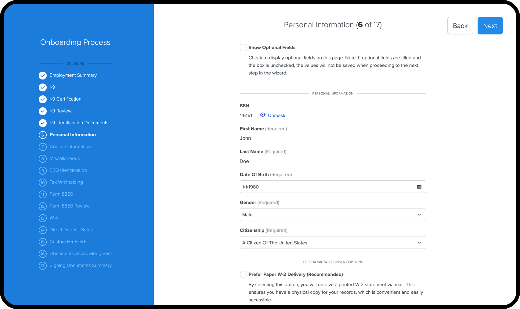 Embedded HR onboarding workflow interface