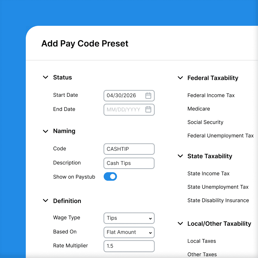 Payroll configuration for tip credit and earning codes