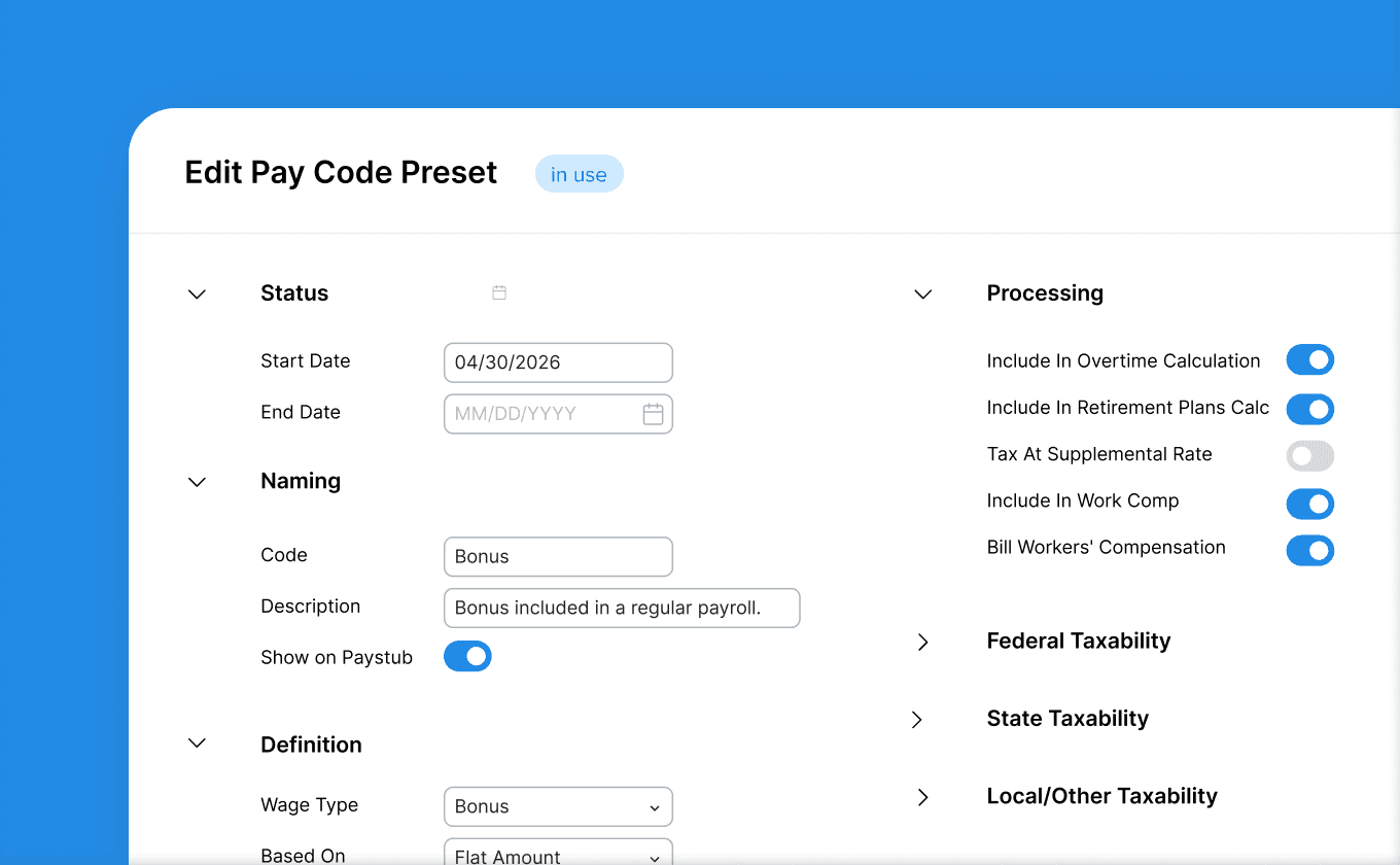 Payroll configuration for bonuses and variable compensation
