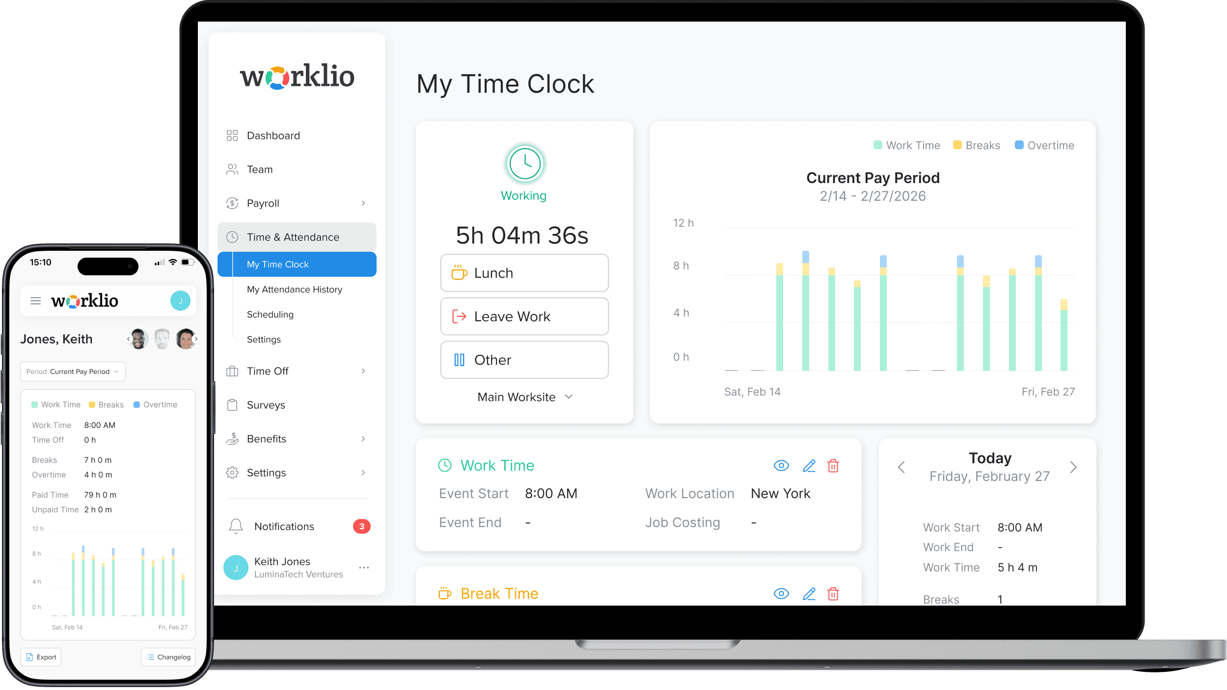 Time and attendance screen for web and mobile app in the Worklio platform
