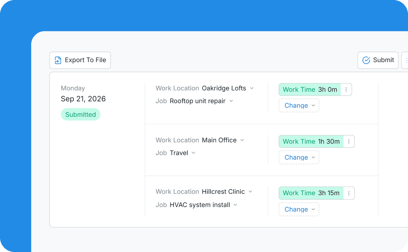 Weekly timesheet with hours logged per job and customer site