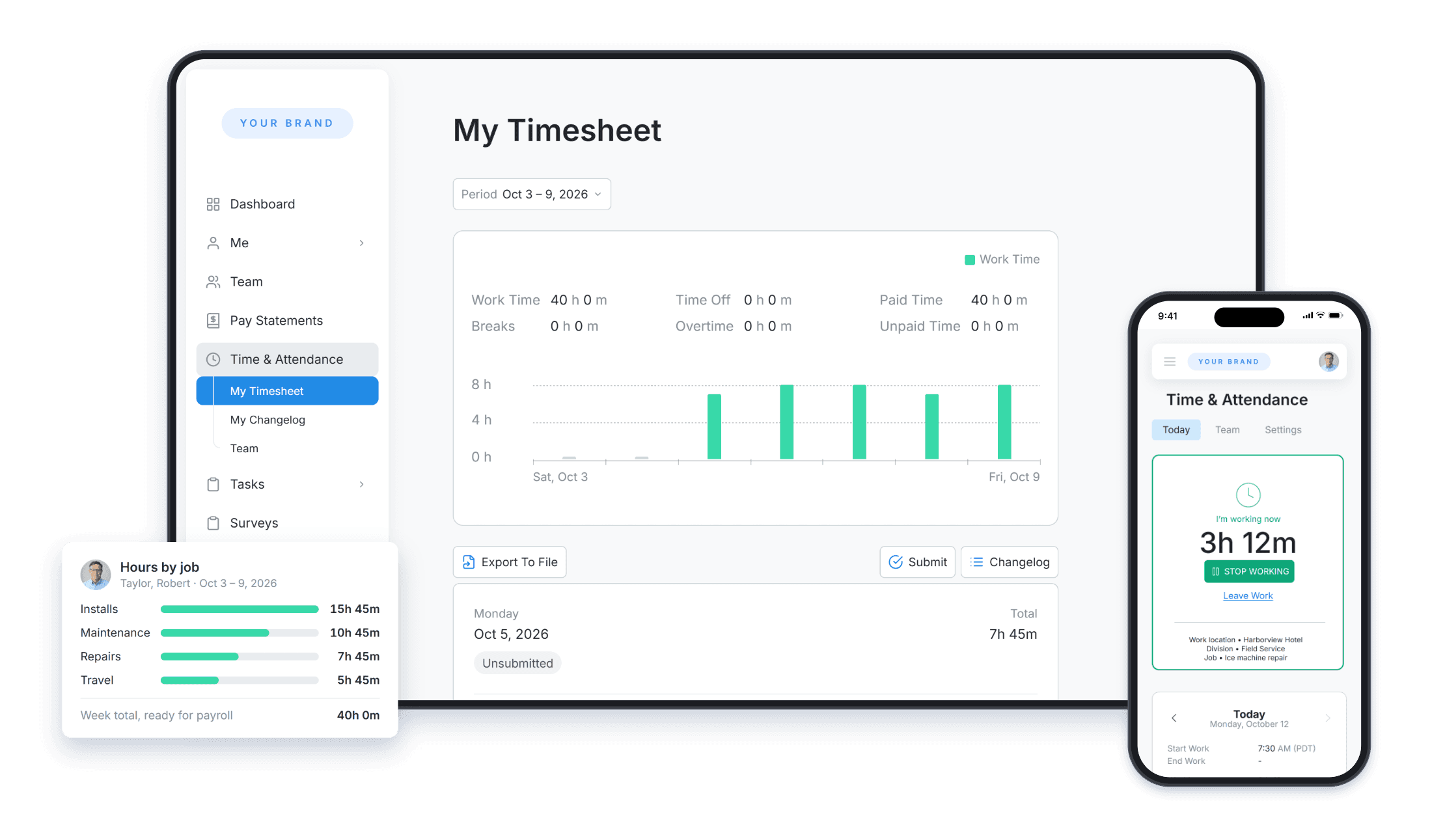 Robert Taylor's weekly timesheet with hours per job and site, the week's hours by job ready for payroll, and his phone clocked in on a job at a customer site