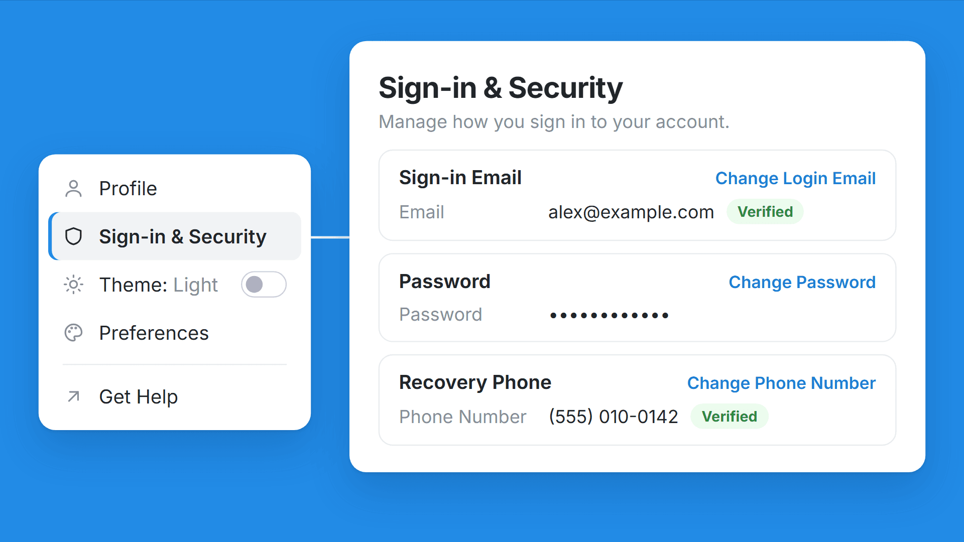 Illustration of the Sign-in & Security page opened from the account menu, with sign-in email, password and recovery phone