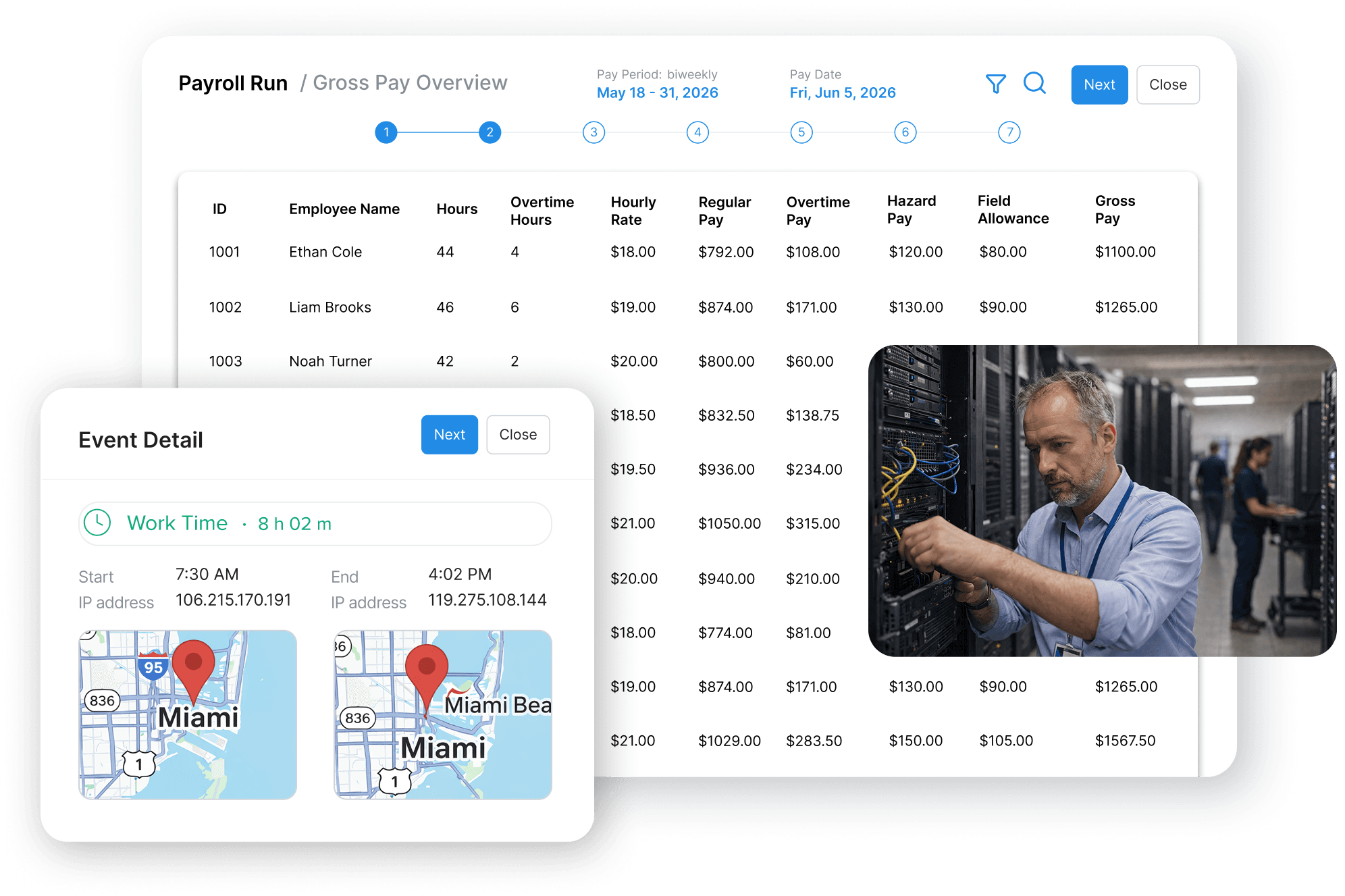 Worklio payroll and workforce management interface for field services and contract services teams