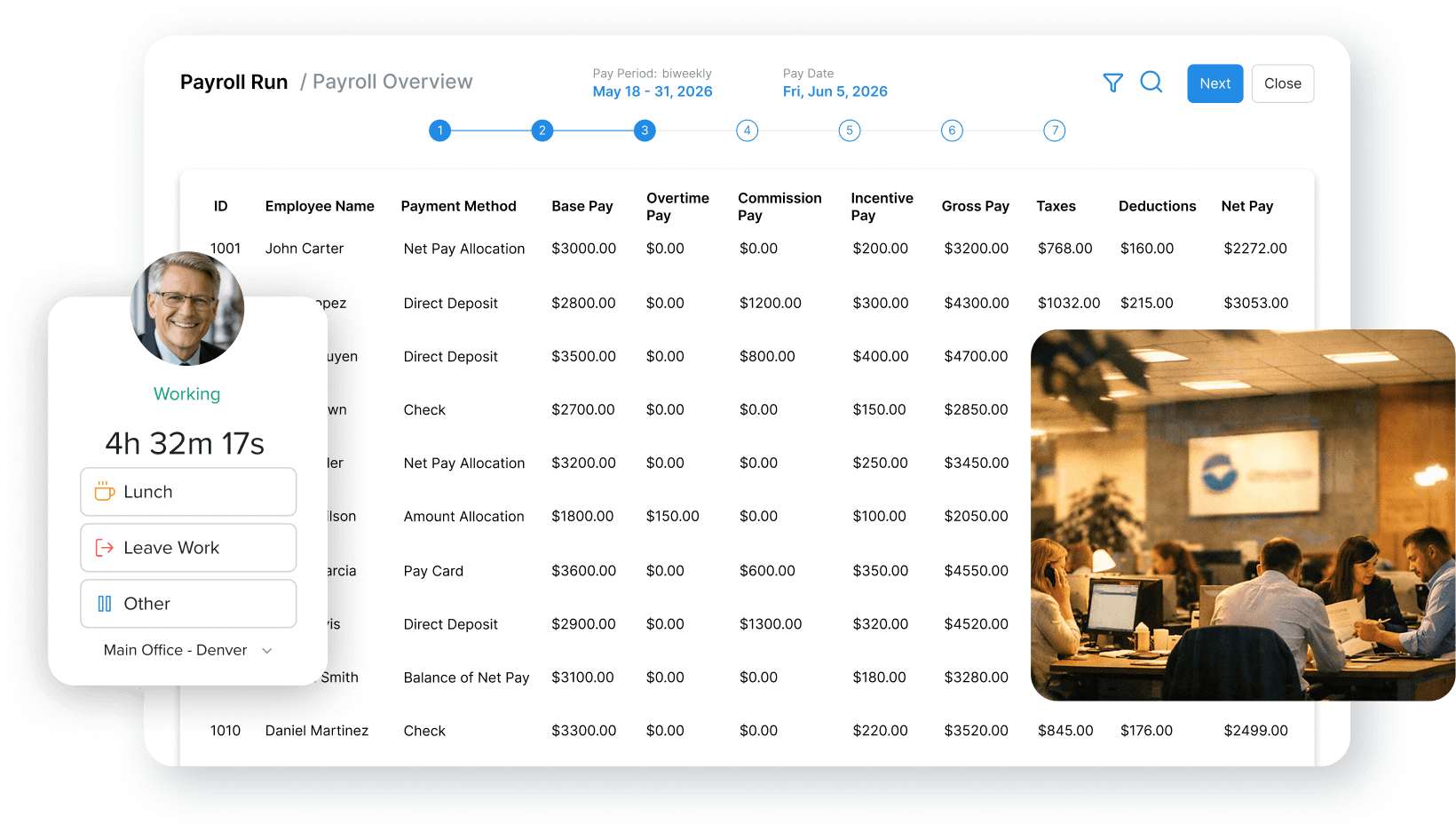 Worklio payroll and workforce management interface for financial services and insurance employers