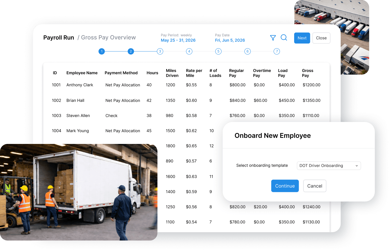 Worklio payroll and workforce management interface for transportation, logistics, and distribution teams