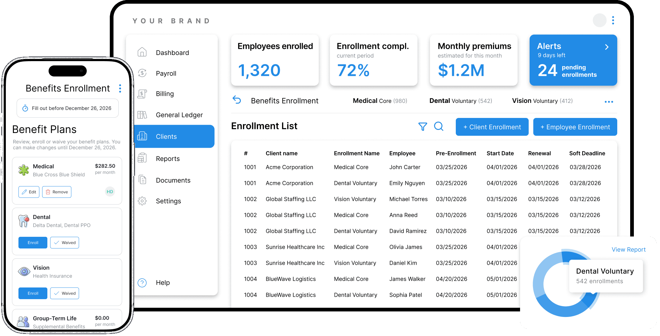 Benefits enrollment and administration screens in the Worklio platform