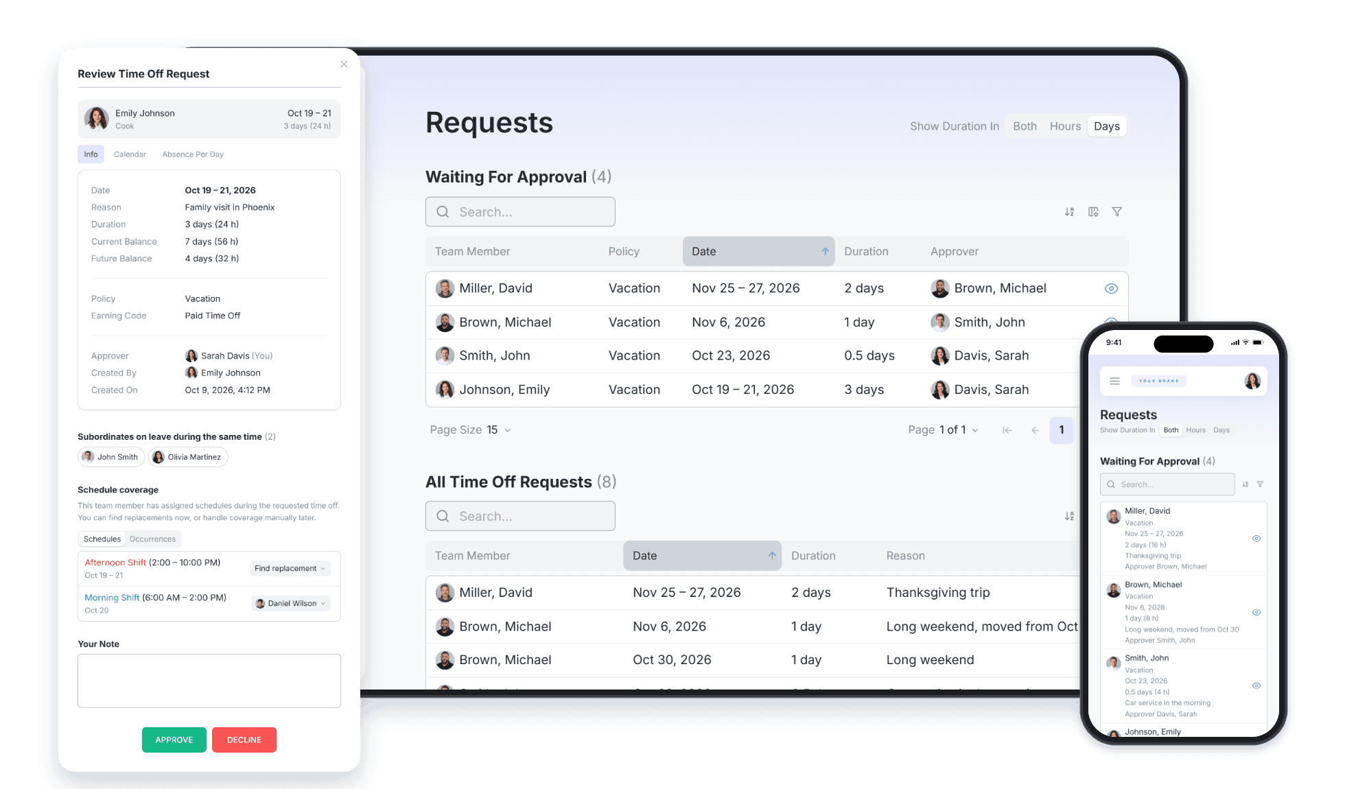Time off requests waiting for approval, the review panel with balances, and the requests list on a phone